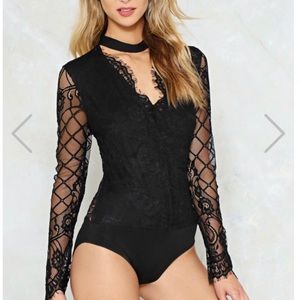 Nasty Gal BLACK Call the Turn See Lace Bodysuit SM